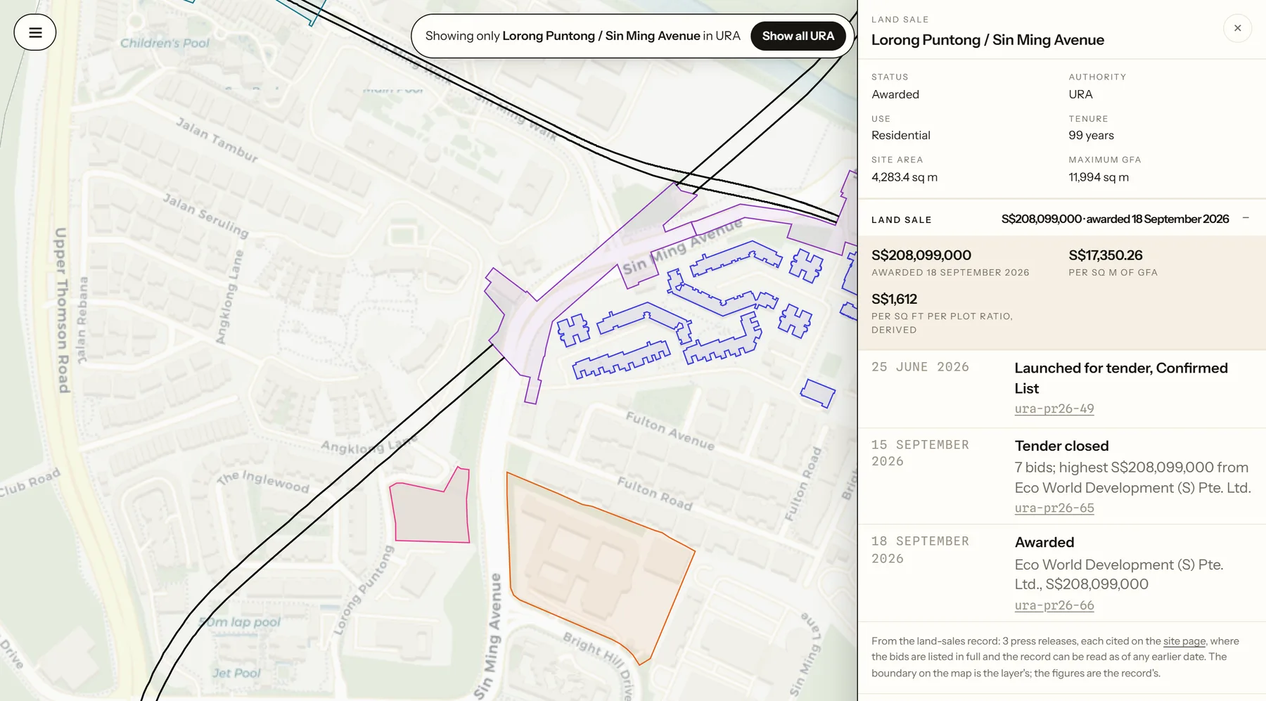 Prevo's map at Sin Ming with the Lorong Puntong / Sin Ming Avenue land-sale panel open: its status, the award, the rate per plot ratio and a dated history from launch to tender close to award, with HDB blocks, the rail line and station, and a primary school site around it.